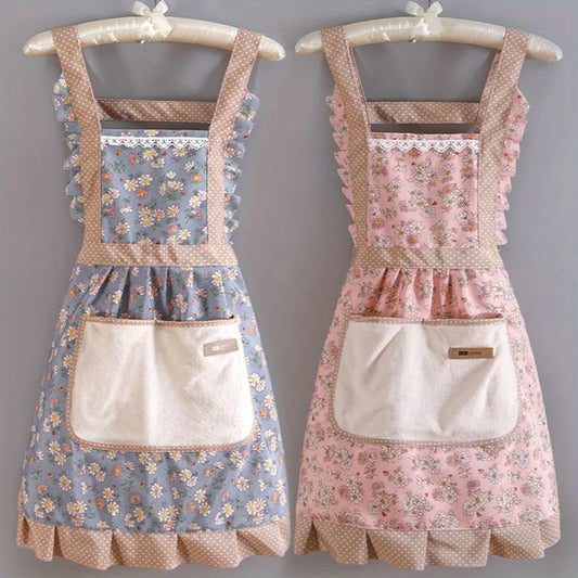 1pc Strap Canvas Floral Apron with Hood, Waterproof Oil-resistant Breathable Workwear Waist Apron