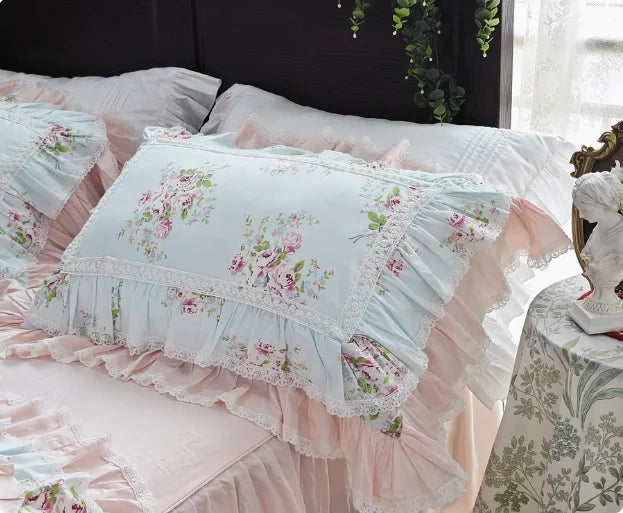 Floral Style 100% Cotton Pillowcase Bedding Set With Lace Design