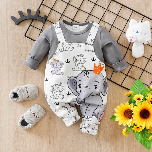Newborn Baby Boy Long sleeves clothing 0-18Months one-piece braces fashion elephant print Baby pajamas Infant Casual Jumpsuit