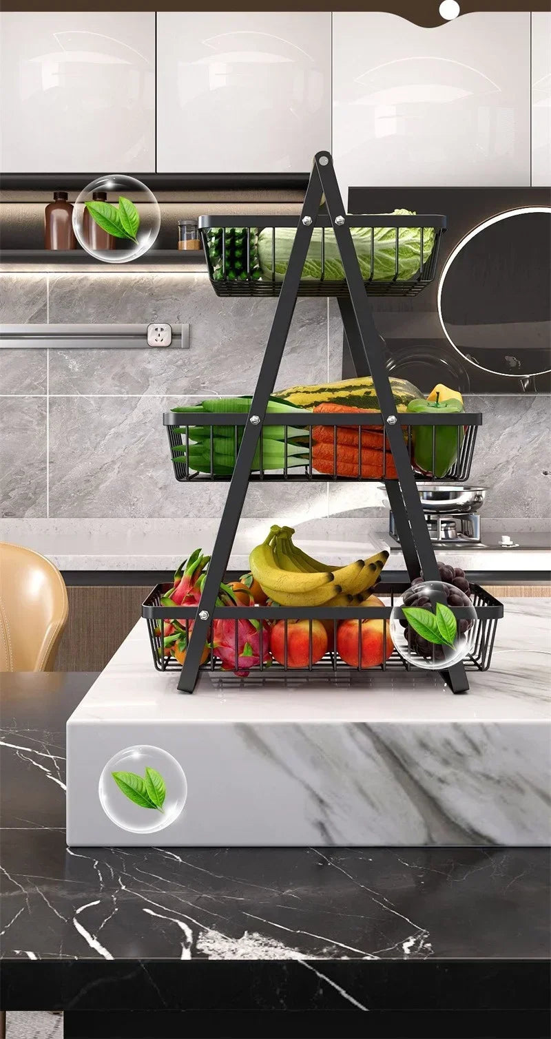 2-3 Tiers Countertop Fruit Basket Portable Iron Art Kitchen Organiser for Fruits Bread Snacks Storage Rack
