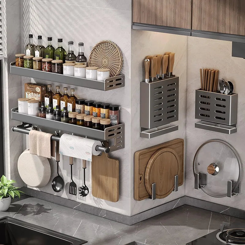 No Drill Kitchen Wall Mounted Spice Rack Space Saving Multifunctional Organiser with Hooks & Paper Towel Holder