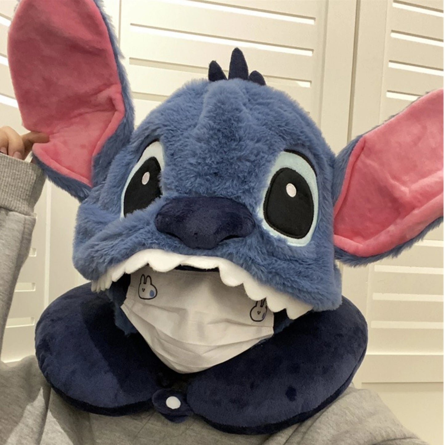Comfortable Stitch Hooded U-shaped Pillow Cartoon Anime Travel Blackout Nap Neck Pillow With Hat Portable Eye Mask Sleeping