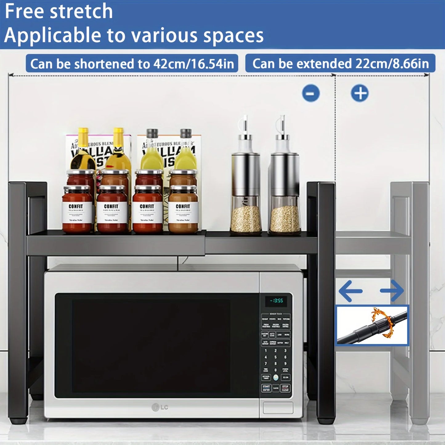 Expandable Microwave Shelf, Microwave Holder with 6 Hooks, Kitchen Storage Rack, Microwave Baking Rack, Extendable 40-64cm
