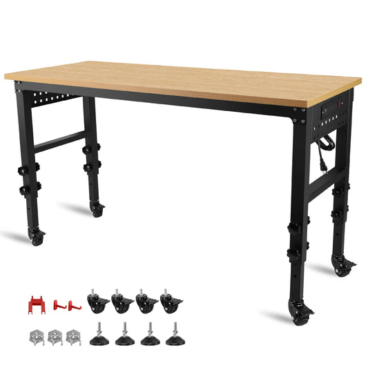 60" ×24'' Adjustable Workbench Rolling Heavy-Duty Worktable with Power Outlet and Wheels Large Load Capacity Rubber Wood Top