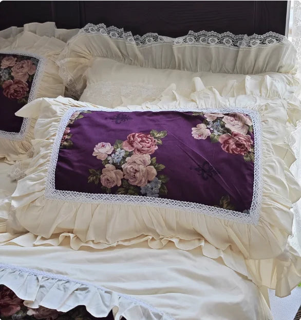 Floral Style 100% Cotton Pillowcase Bedding Set With Lace Design