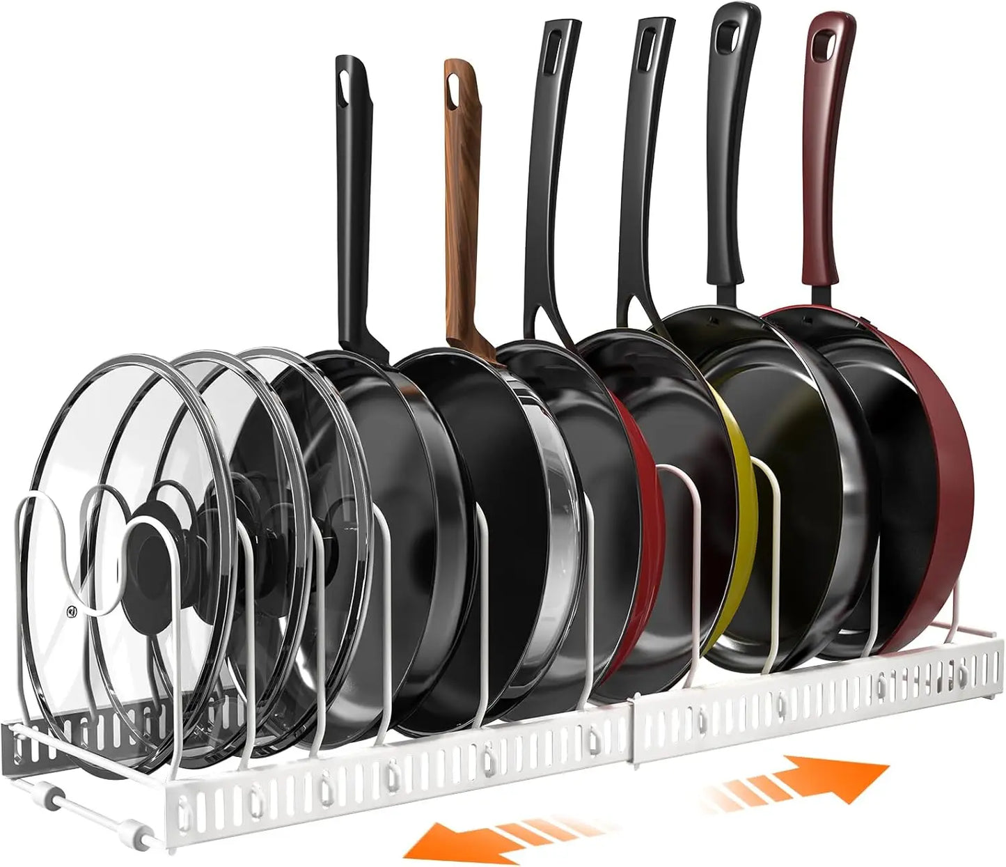Pot and Pan Organiser Rack for Cabinet Expandable Pot Lid Organizer Holder with 10 Adjustable Dividers