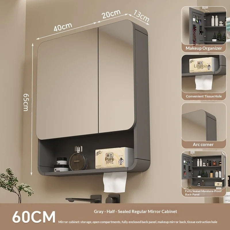 Bathroom Mirror Led Light Wall Mounted Carbon Fiber Curved Rounded Corner Smart Storage Mirror Cabinet Home Furniture Homehold