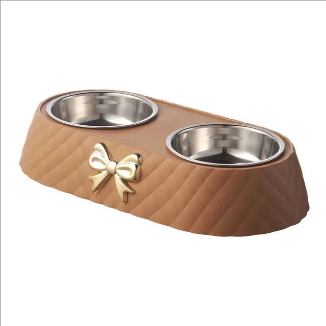 Double Pet Bowl for Cats & Dogs – Bow-Tie Design, Stainless Steel Food & Water Feeder with PP Base