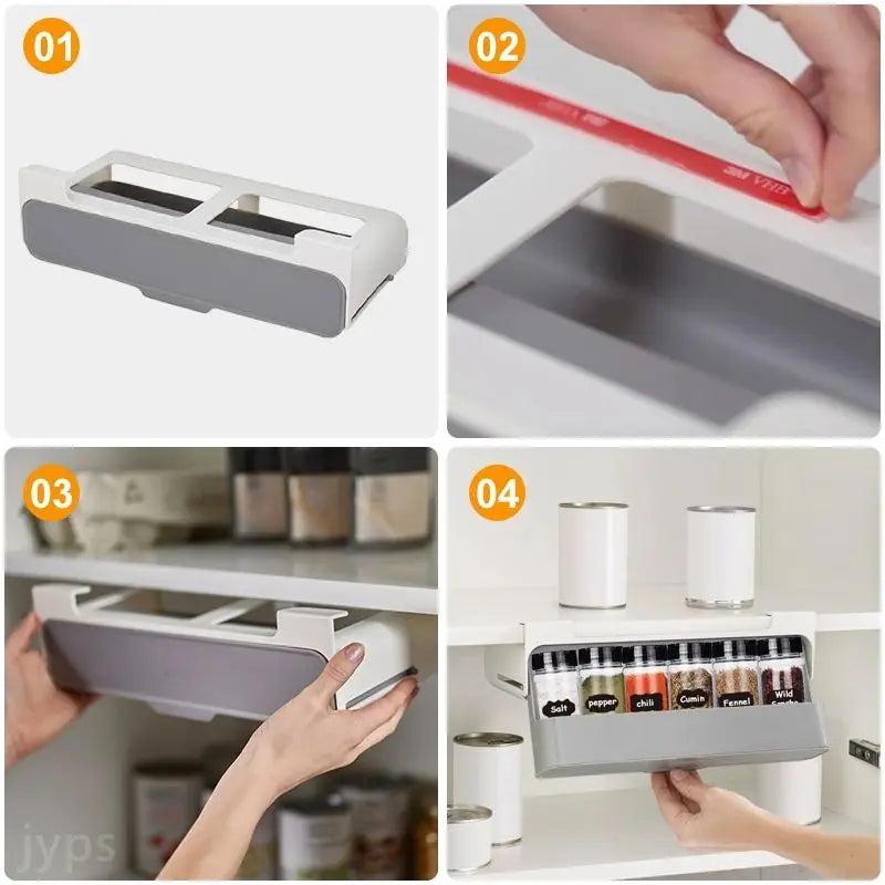 Wall mounted Kitchen Spice Rack Slide Out Drawer Self-adhesive Seasoning Bottle Storage Rack Plastic Spice Organiser for Kitchen