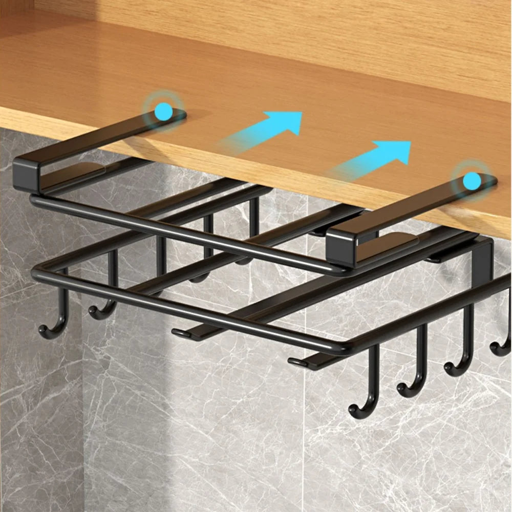 Kitchen Under Cabinet Hanging Organiser Rack with Hooks Multi-Purpose Holder for Paper Towel Cutting Board & Pot Lids