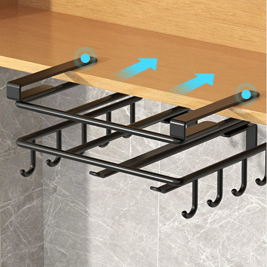 Kitchen Under Cabinet Hanging Organiser Rack with Hooks Multi-Purpose Holder for Paper Towel Cutting Board & Pot Lids
