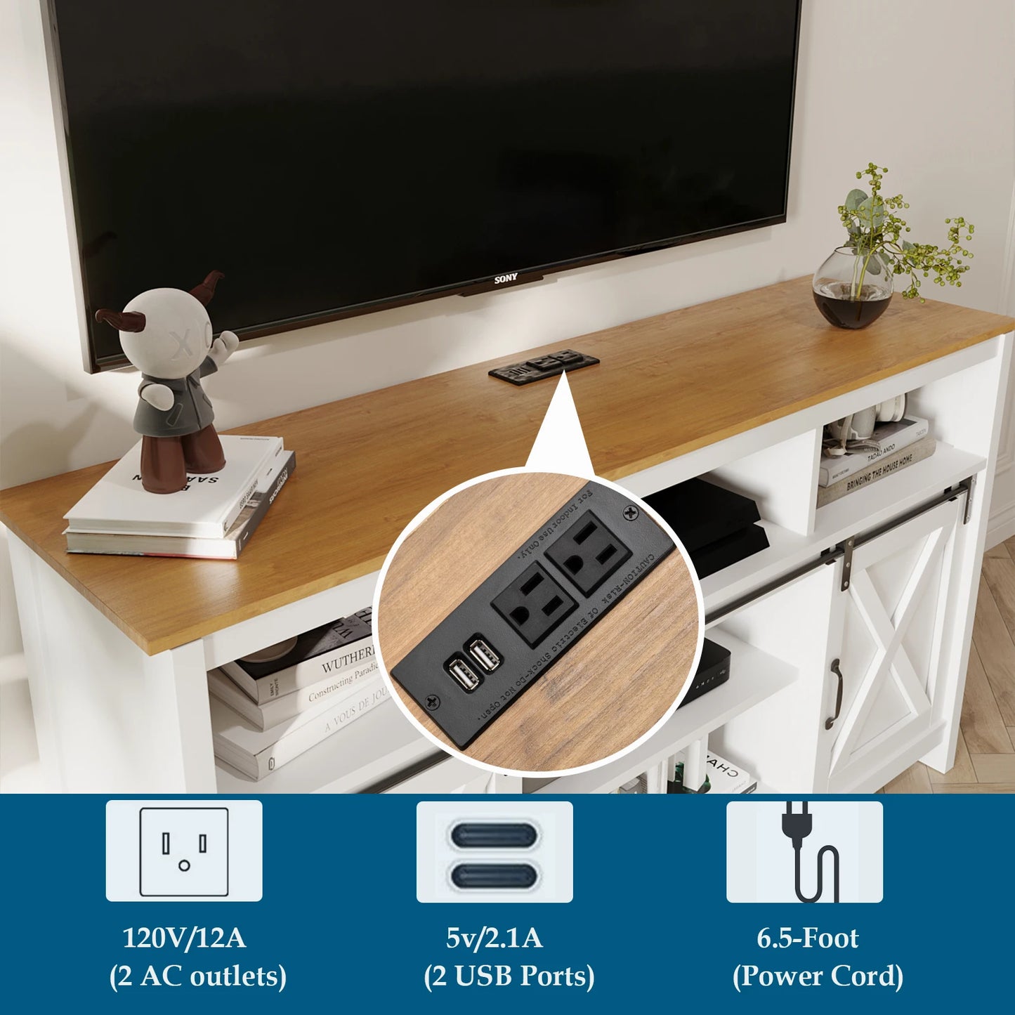 TV Stand Farmhouse Coffee Bar Cabinet Rustic Sliding Barn Door Storage Cabinet with Power Outlet & LED Light, 57" Wooden TV Cabi