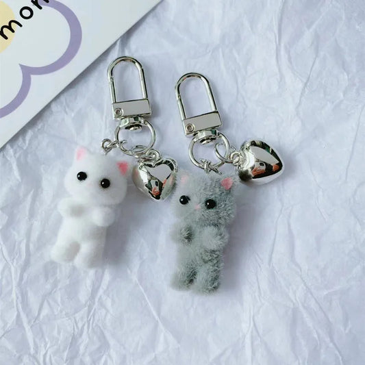 Cute Flocking Cat Keychain 3D Love Phone Pendant Headphone Case Charm Bag Decor Car Key Ring Jewelry Gift