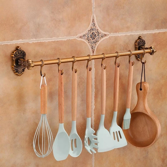 Wall Mounted Kitchen Storage Rack Shelves with Movable Hook Spoon Holder Organiser Kitchen Utensil Accessories Kitchen Tools