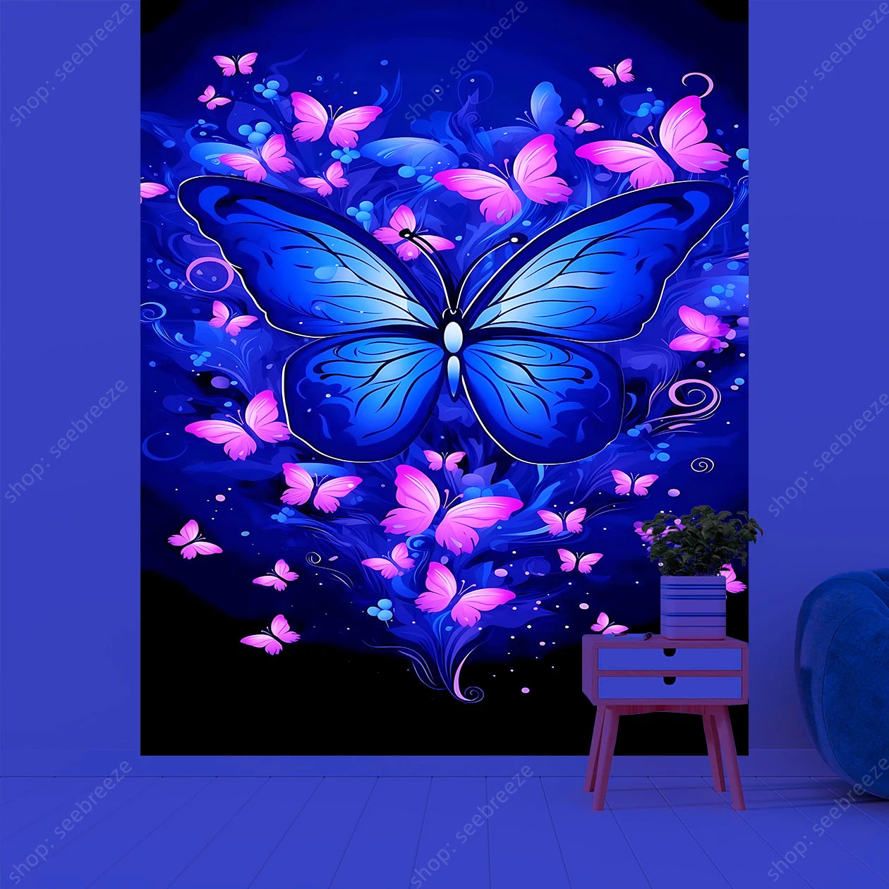 Butterfly Flower UV Reactive Tapestry Wall Hanging Hippie Boho Room Decor