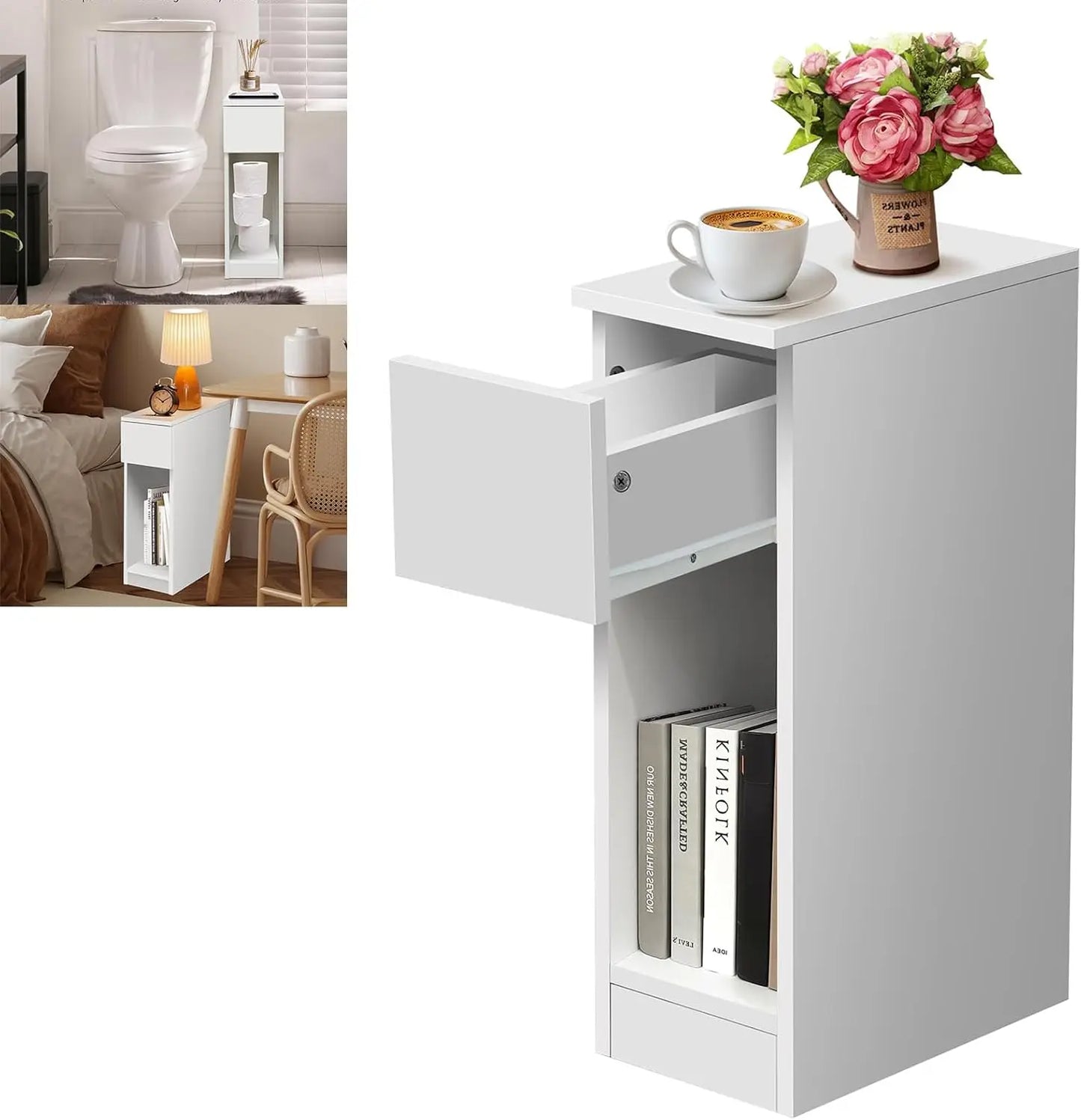 EFAN Narrow Side Table Slim End Table with Open Shelf & Drawer, Sofa Bedside Thin Table for Small Spaces Nightstand, 34x20x60cm