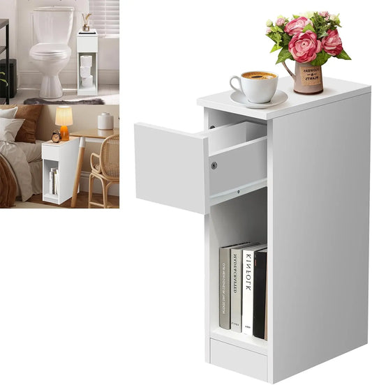 EFAN Narrow Side Table Slim End Table with Open Shelf & Drawer, Sofa Bedside Thin Table for Small Spaces Nightstand, 34x20x60cm