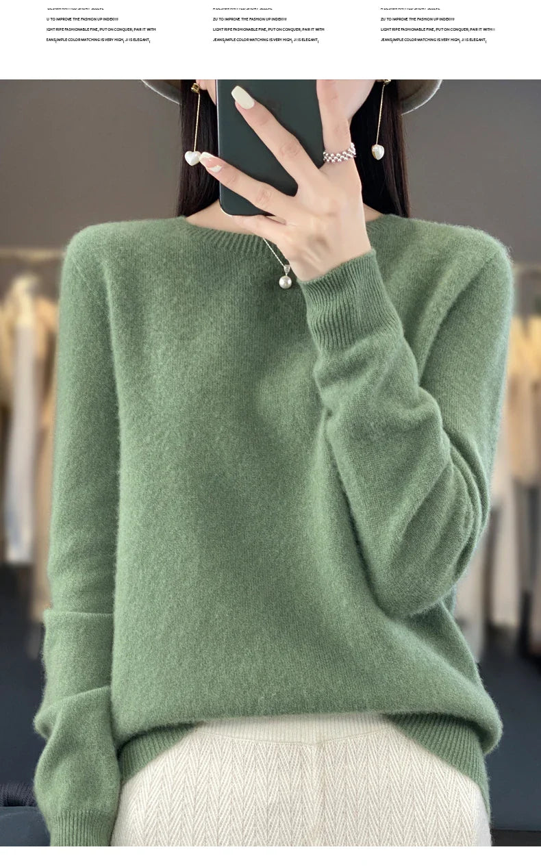 100% Merino Wool Women’s Sweater – Soft Cashmere-Feel O-Neck Pullover, Autumn/Winter Warm Knit Top (14 Colours)