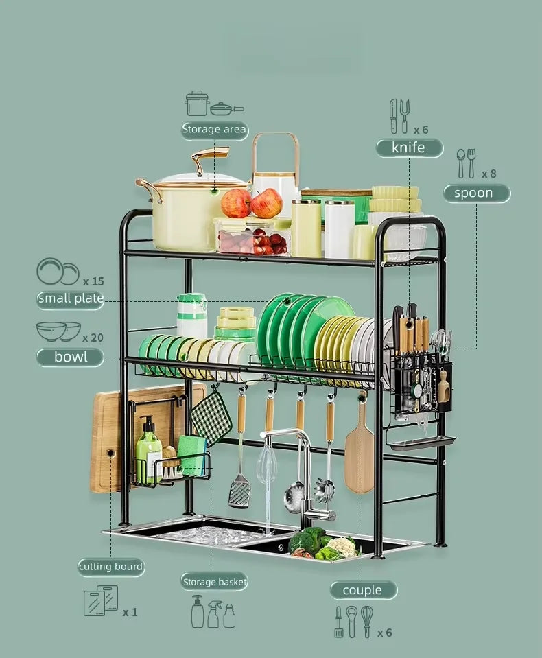 Over The Sink Dish Drying Rack, Metal Dish Drying Racks for Kitchen Counter with Hooks, Utensil Holder, 85cm, Kitchen Essentials