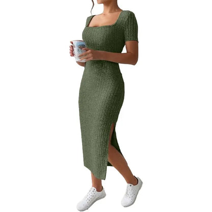 Short-Sleeved, Versatile Knitted Slit Dress