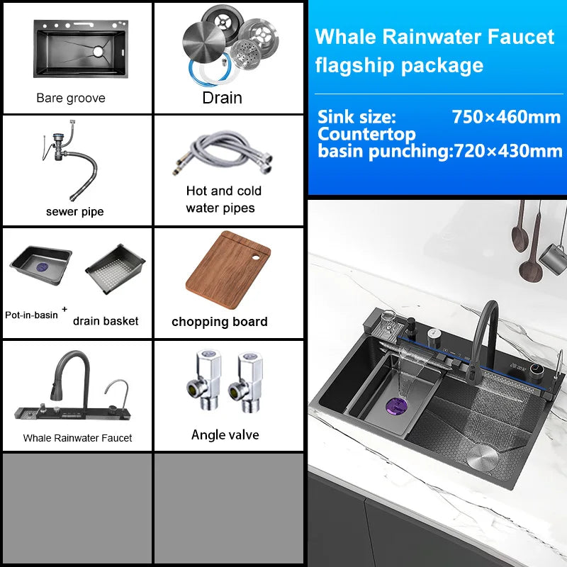 Stainless Steel Kitchen Sink With Waterfall Extra Large Single Bowl Digital Display Multifunctional Dishwashing Sinks