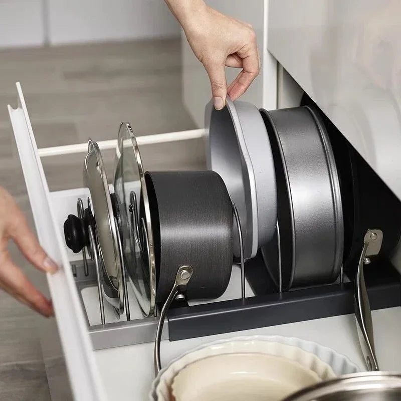 7-grid Telescopic Pot Rack, Pans Organiser, Cabinet Holder for Pots, Pans and Lids