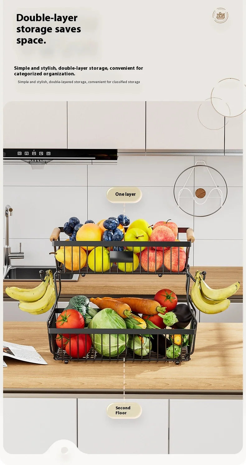 33*29cm deteachable fruit vegetable kitchen storage organisation racks holders double-layer trays wood hand SS home display