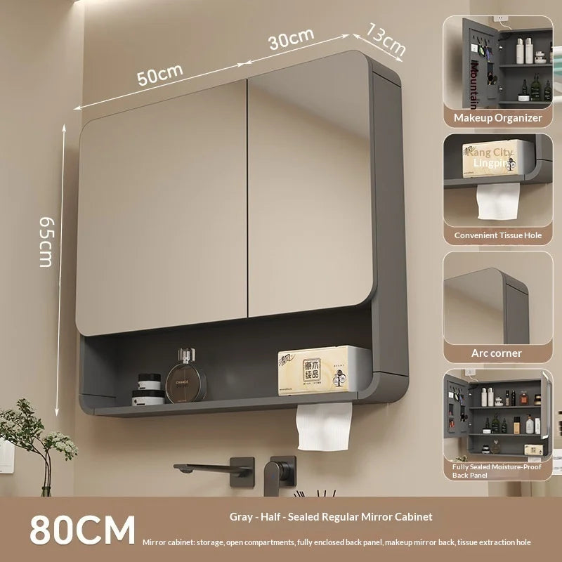 Bathroom Mirror Led Light Wall Mounted Carbon Fiber Curved Rounded Corner Smart Storage Mirror Cabinet Home Furniture Homehold