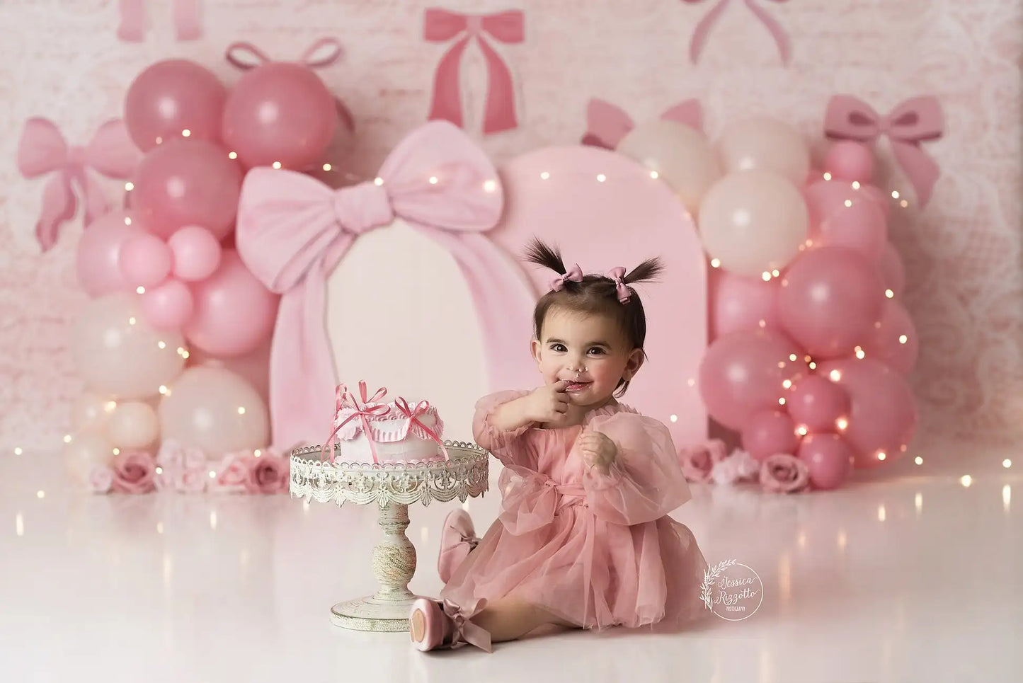 Pink Bowknots Arch Balloons Backdrops Kids Baby Girl 1st Birthday Cake Smash Props Child Photocall Backgrounds
