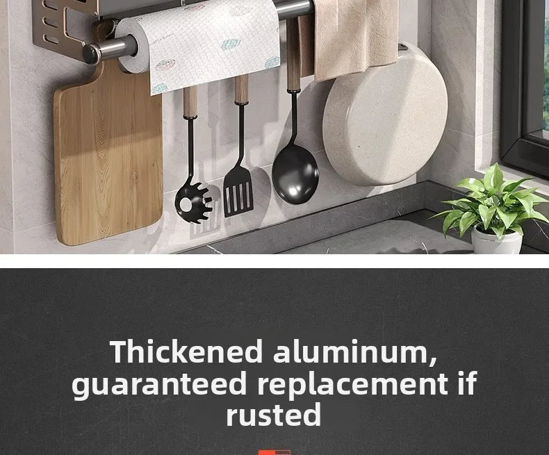 No Drill Kitchen Wall Mounted Spice Rack Space Saving Multifunctional Organiser with Hooks & Paper Towel Holder