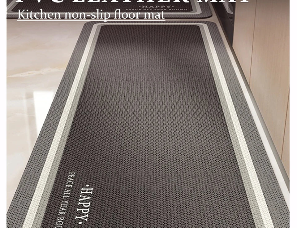 Kitchen Carpet Non-slip Waterproof Oil-proof PVC Leather Floor Mat Minimalist Gray White Letter Long Size Home Decoration Rugs