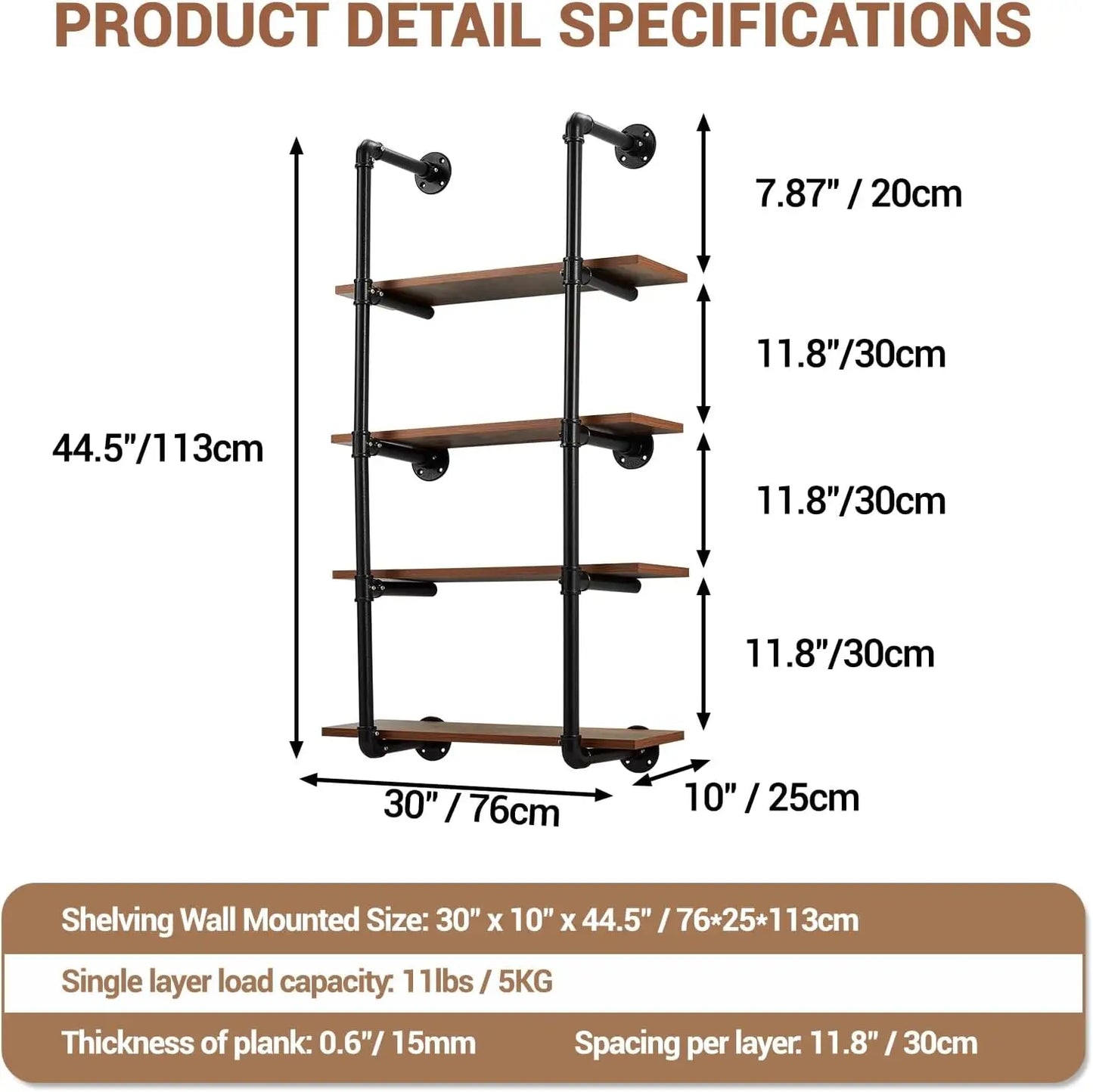 4 Tier Industrial Pipe Shelving Wall Mounted, 30in Rustic Metal Floating Shelves, Steampunk Real Wood Book Shelves, Wine Shelf