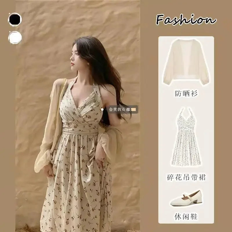 Summer New Gentle Wind Fragmented Flower V-Neck Sling Dress Set Waist Wrap Neck Hanging Long Dress Thin Sun Protection Cardigan