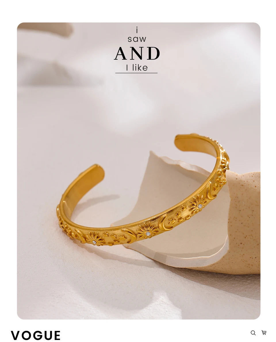 Yhpup Golden Stainless Steel Moon Star Sun Bangle Bracelet  Stylish Metal Open Wrist браслеты на руку женкие Party Gift