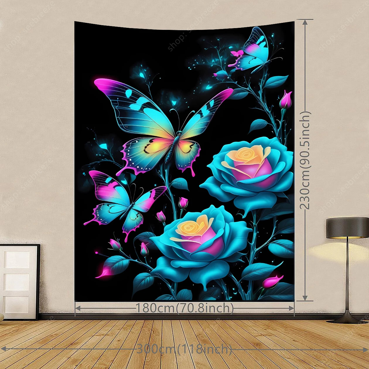 Butterfly Flower UV Reactive Tapestry Wall Hanging Hippie Boho Room Decor