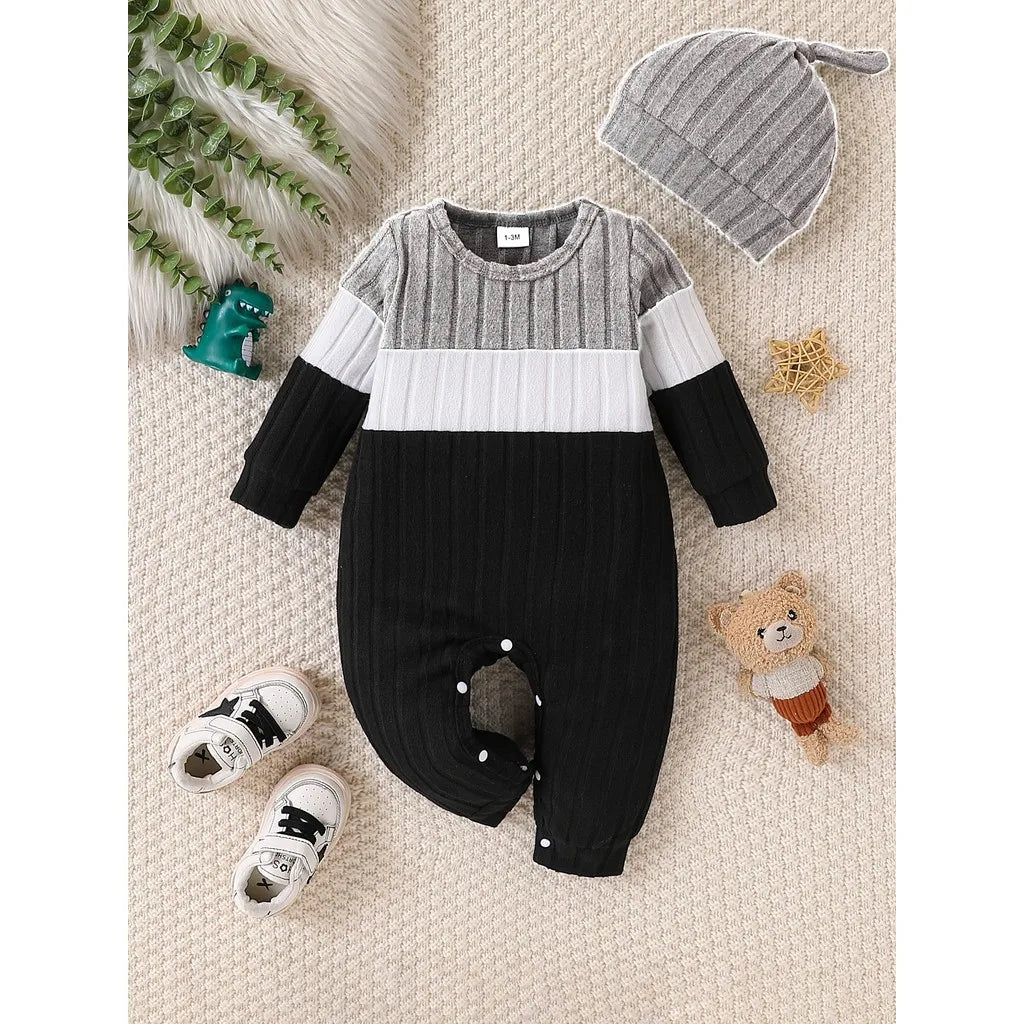 3 Colours Autumn Bodysuits Newborn Baby Boy Long Sleeve Colour Block Romper+Hat Simple Onesie Jumpsuit for Toddlers 1-18 Months