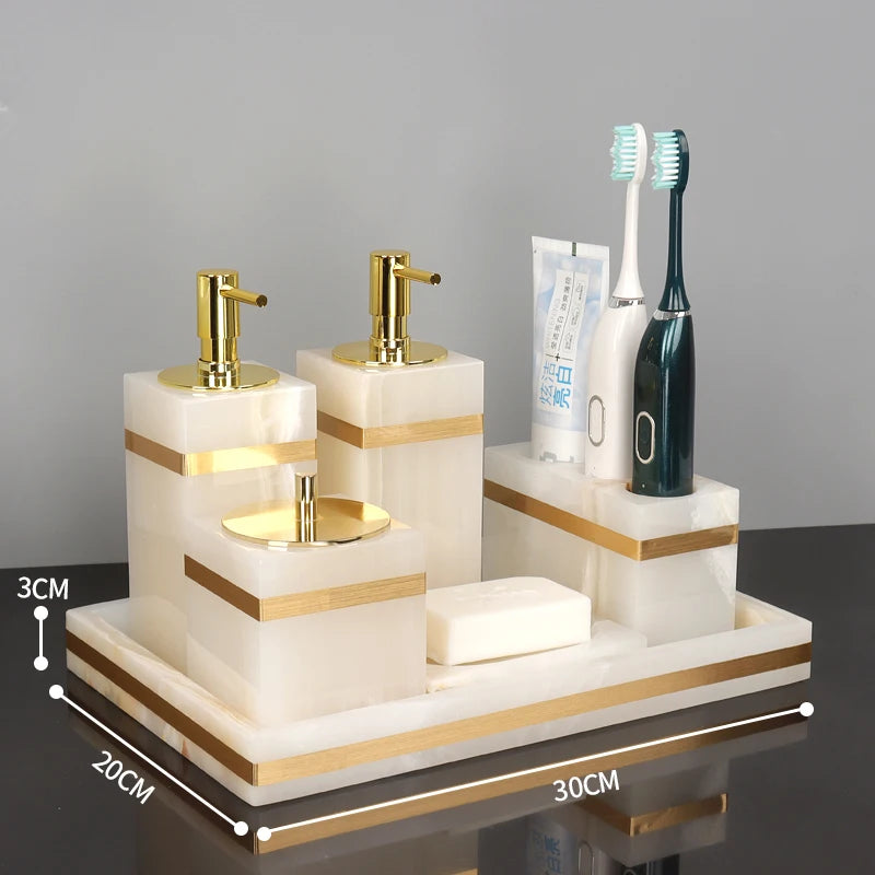 White Onyx Natural Marble Bathroom Accessories Gold Luxury Soap Dispenser Cotton Swab Holder Toothbrush Holder Bathroom Set