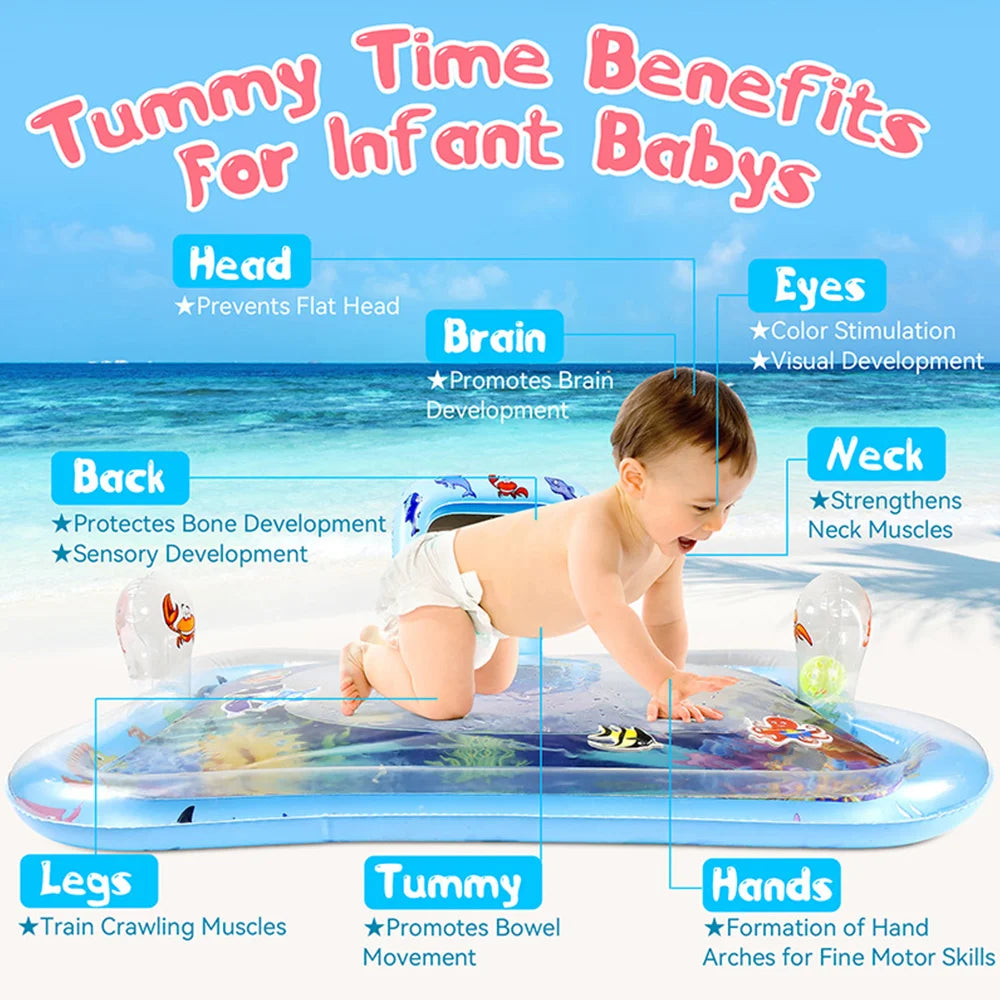 Tummy Time Water Mat for Baby Boy Girl PVC Inflatable Play Mat with Mirror Rattle Buzzer for Infants Toddlers Fun Play Activity