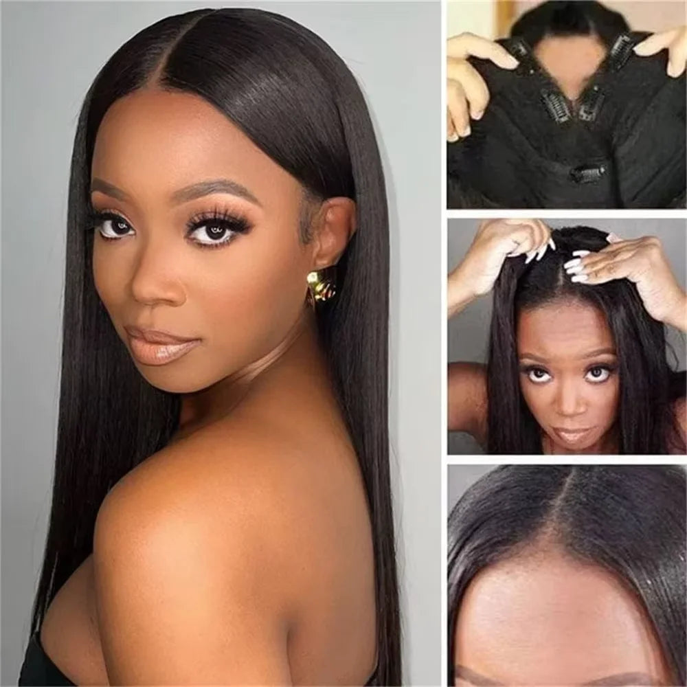 V Part Wig Human Hair Straight Upgrade V Part Wig for Women Clip in Half Wig Beginner Friendly No Lace No Glue No Sew in