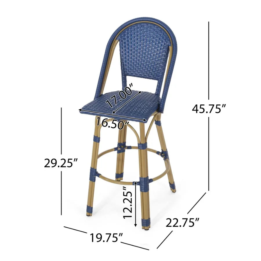 29.5 Outdoor PE Rattan and Aluminum French Barstools Set of 2 Navy Blue and Bamboo Finish