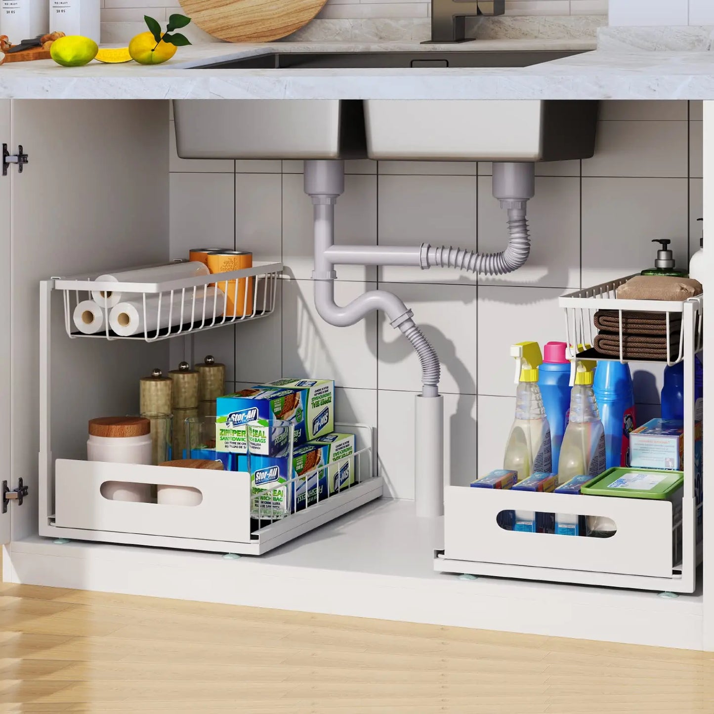 Under Sink 2 Tier Sliding Cabinet Basket Organiser Drawer Pull Out Cabinet Multi-Purpose  Sink Organiser for Bathroom Kitchen