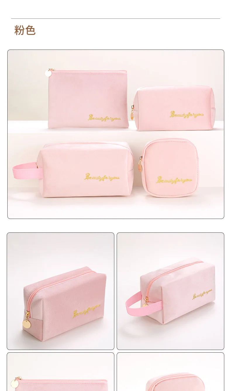 Plush Cosmetic Bag for Women – Large Zipper Makeup & Toiletry Travel Pouch, Solid Color Beauty Bag