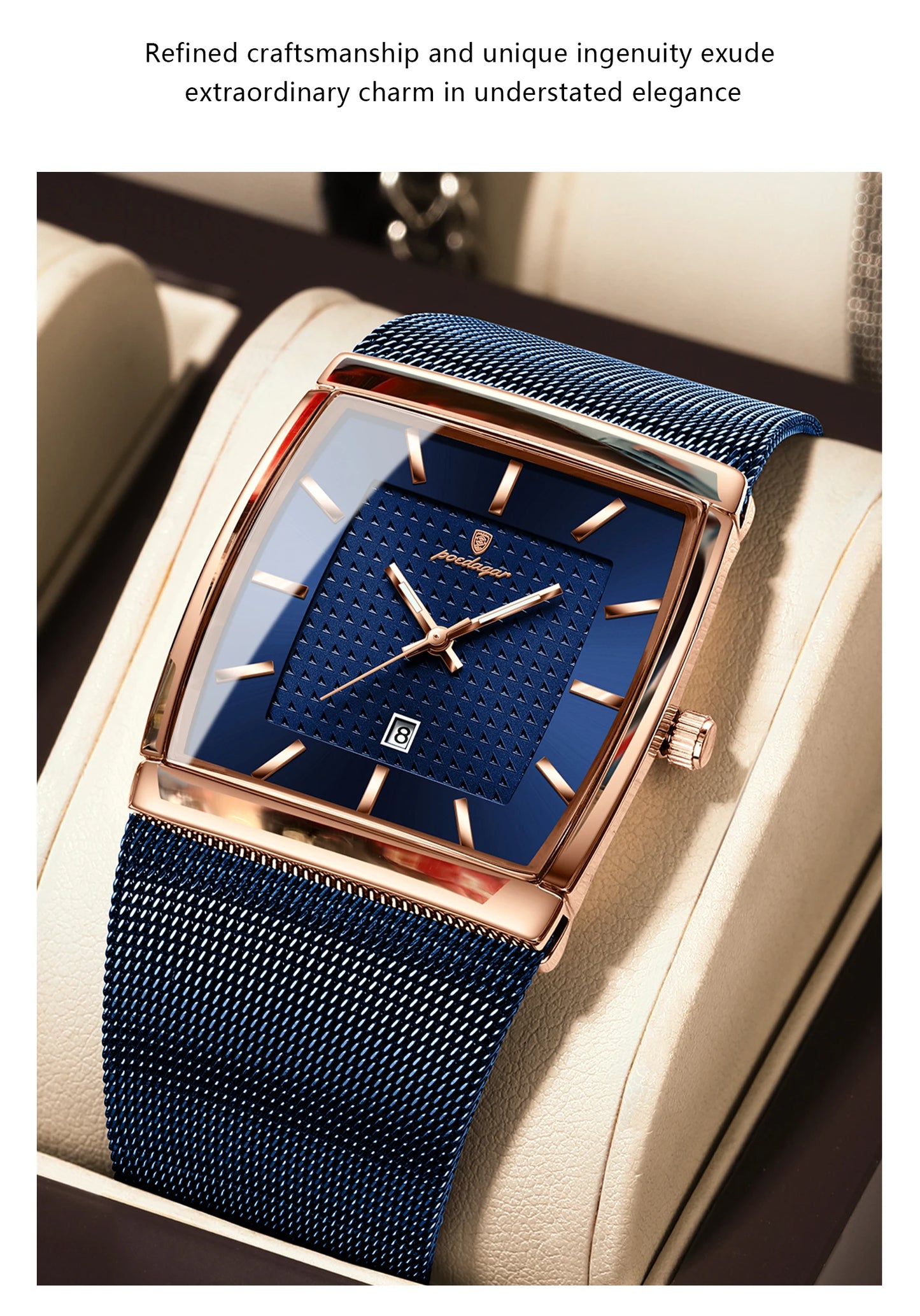POEDAGAR Top Original Men Watch Waterproof Luminous Date Rectangle Man Wristwatch Mesh Stainless Steel Men's Quartz Watches Male