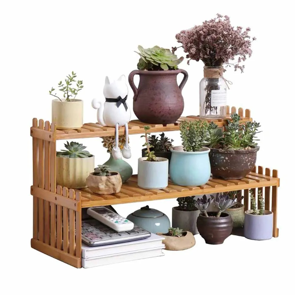 2 Tier Decorative Tabletop Wood Plant Stand Display Shelf For Home Office Tidy Storage Organiser