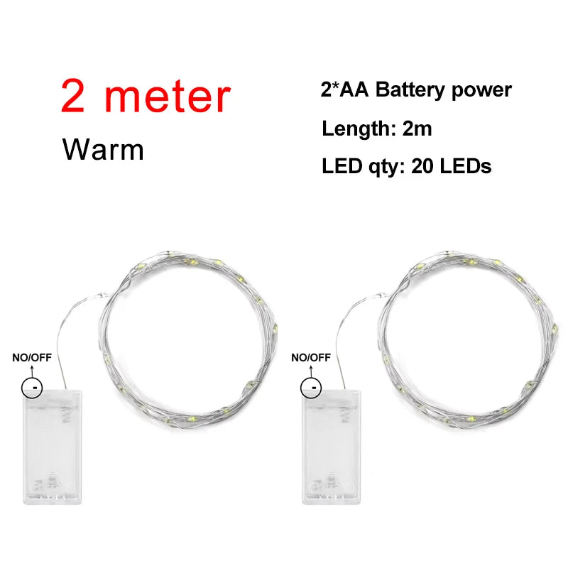 2/5/10M LED Copper Wire Light String Fairy Garland Battery Powered Garden Bedroom Party Wedding Christmas New Year Ornament