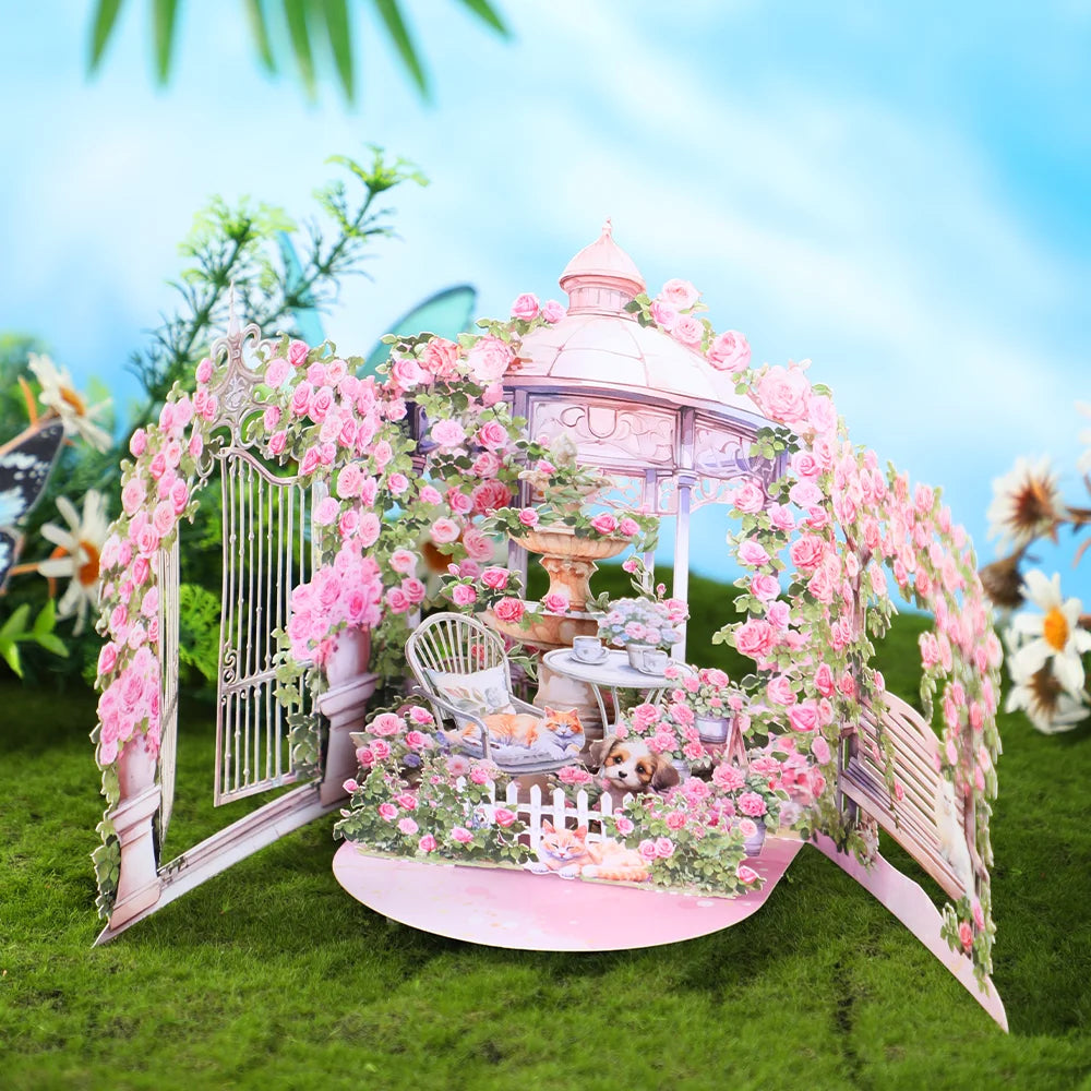 Pink Rose Garden pop-up greeting card, birthday anniversary gift for your lover mother teacher, Spring comfortable cozy kitten