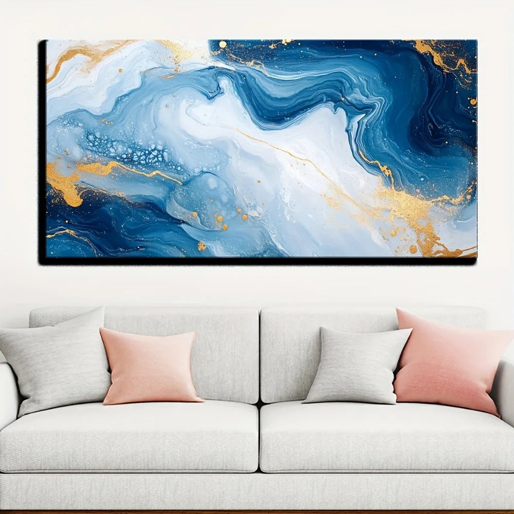 Solid wood frame Abstract blue wave texture print painting Modern art oil painting, 1.5 inch thick pine solid wood frame