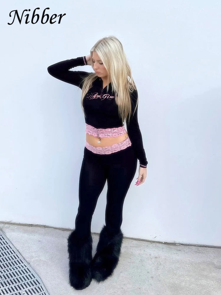Nibber Lace Patchwork Woman 2 Piece Set Hooded Zip Crop Jacket+Patchwork Flare Pants Matching Streetwear Casual Matching Outfits