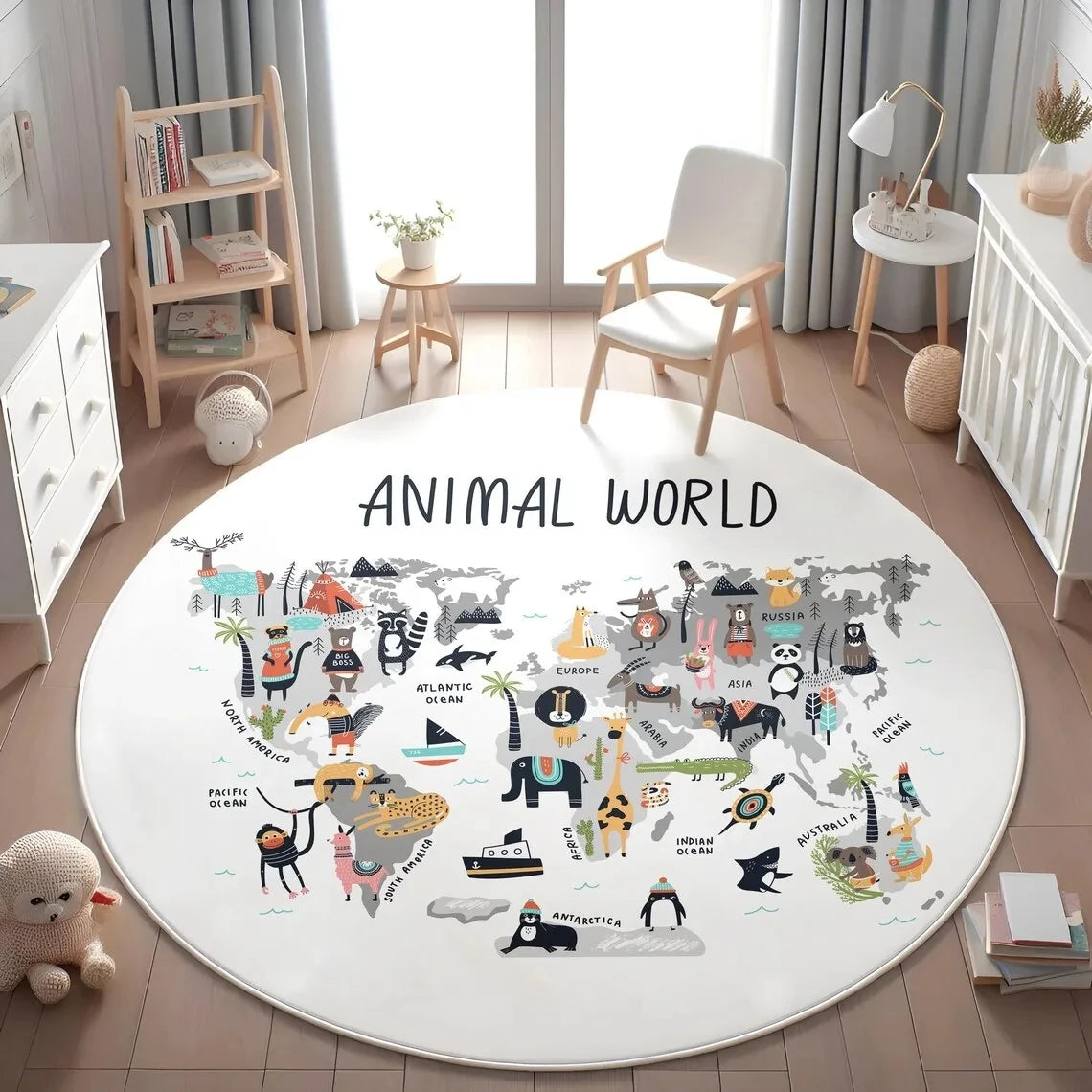 Children's Play Round Floor Mat Animal World Map Printed Carpet Children's Bedroom Bedside Non Slip Foot Mat Home Decoration