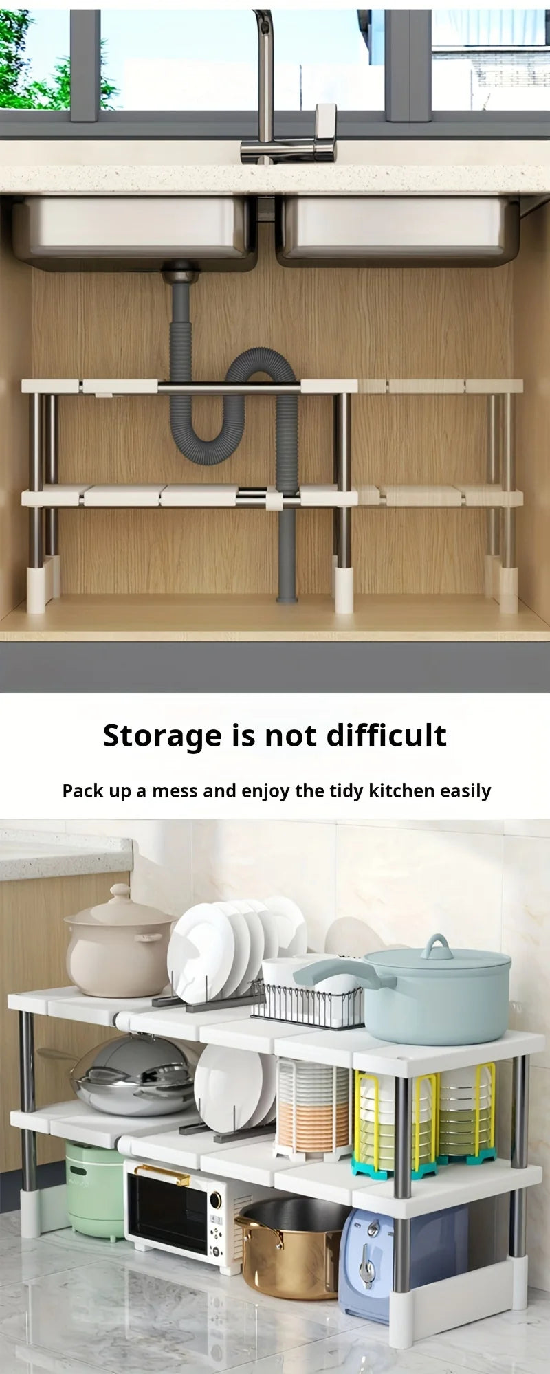 Adjustable Under Sink Storage Rack,Expandable Kitchen & Bathroom Cabinet Organiser, Durable Space-Saving Multi-Layer Pot Holder
